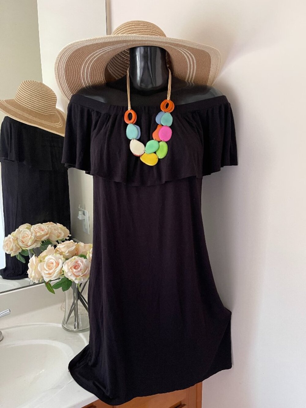 THYME & HONEY Black Women's Dress LARGE Off Shoulder Cotton Dress sz L Ruffles